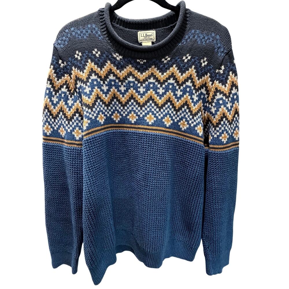 LL Bean Roll Neck Fair Isle Fisherman Sweater Mens Size XL Nordic Blue Chunky